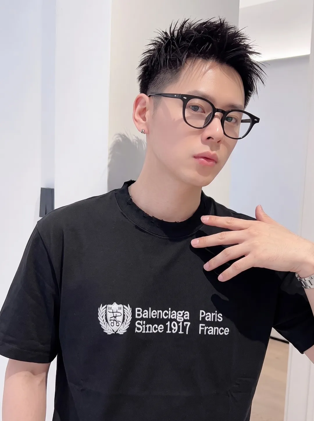 P100✨🔥 [BALENCIAGA] 2026FW short-sleeved T-shirt Premium 26s double yarn 300g fabric embroidery fraying process Color: Black White Green Size: S M L XL 2XL